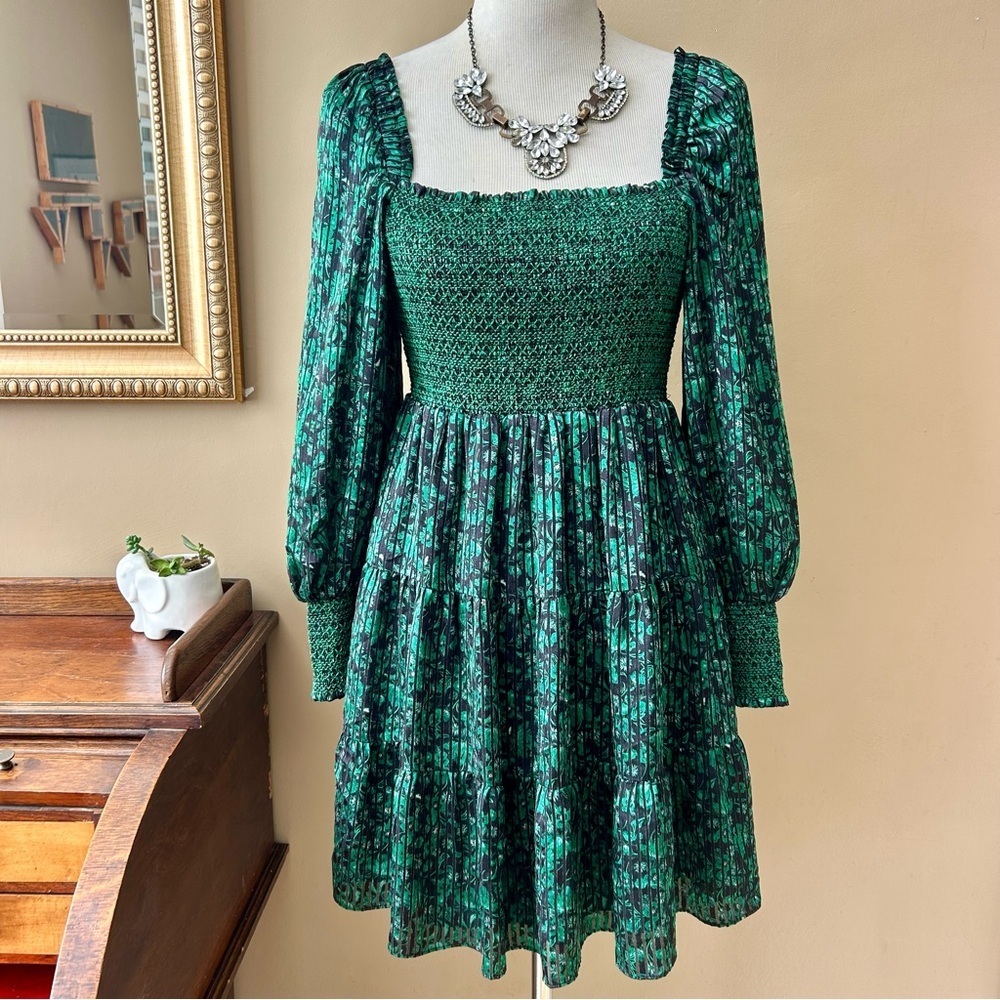 Alice + Olivia Smocked Green Floral Long Sleeve Babydoll Mini Rowan Dress Size M